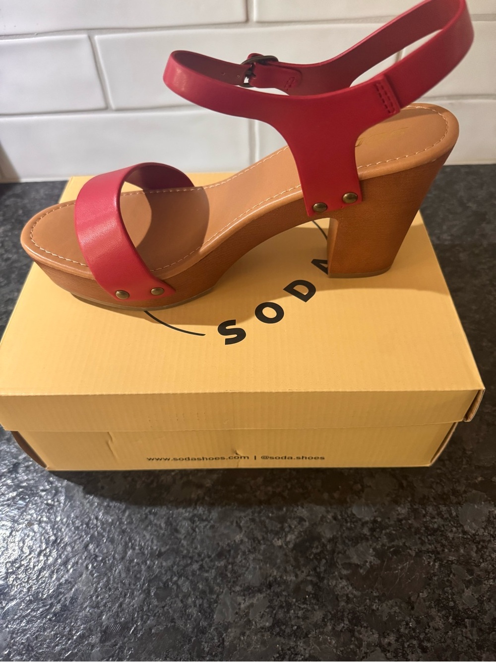 Soda Red Platform Sandal with Chunky Wood-Tone Heel